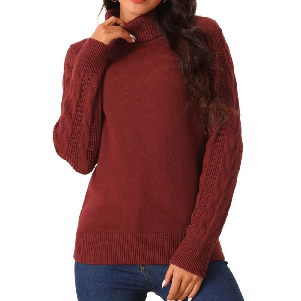 High Neck Long Sleeve Casual Chunky Warm Pullover Sweater Top Wine Red
